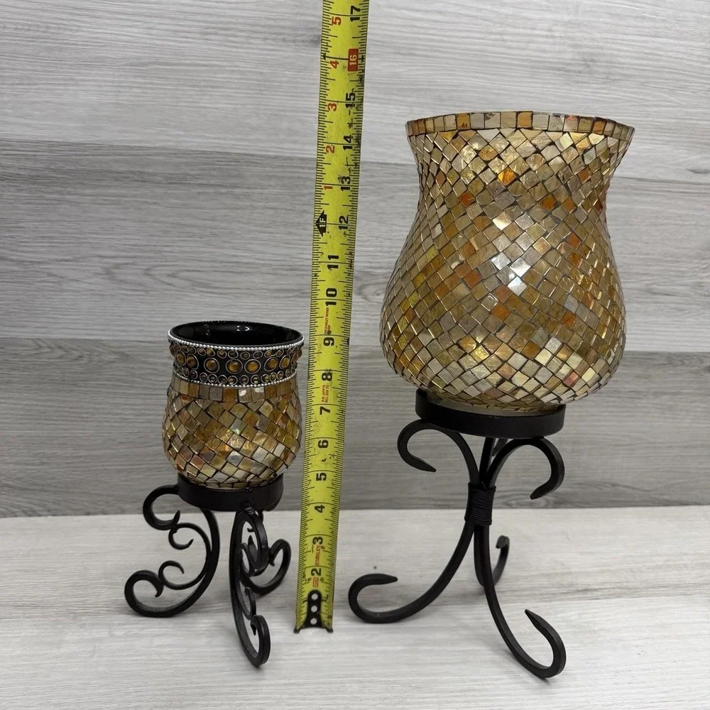 Gold Mosaic Glass Candle Holders Set 2 Iron Stands Boho Decor